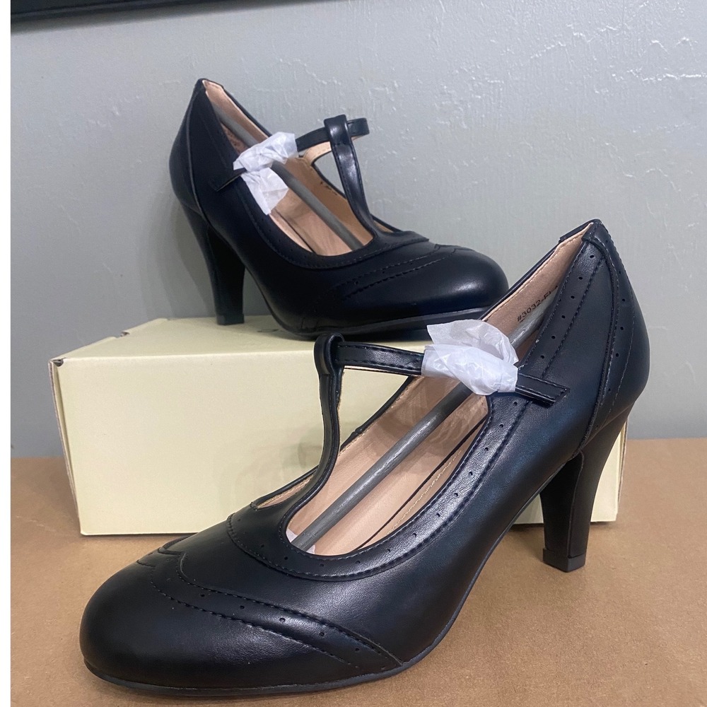 J. Adams Tango Black T-Strap Wingtip Brogue Pumps Heels 3032-FLA Size 7.5 - Picture 2 of 6
